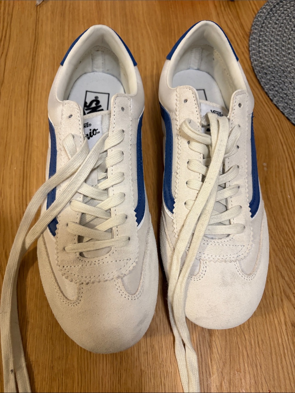 Vans Cream Suede Sneakers with Blue Side Stripe